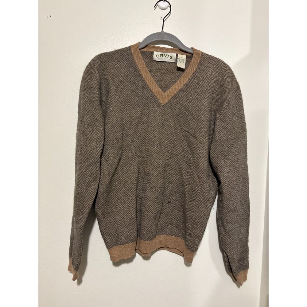 Orvis 100% Cashmere Sweater Mens M Brown Herringbone V Neck Heritage Preppy